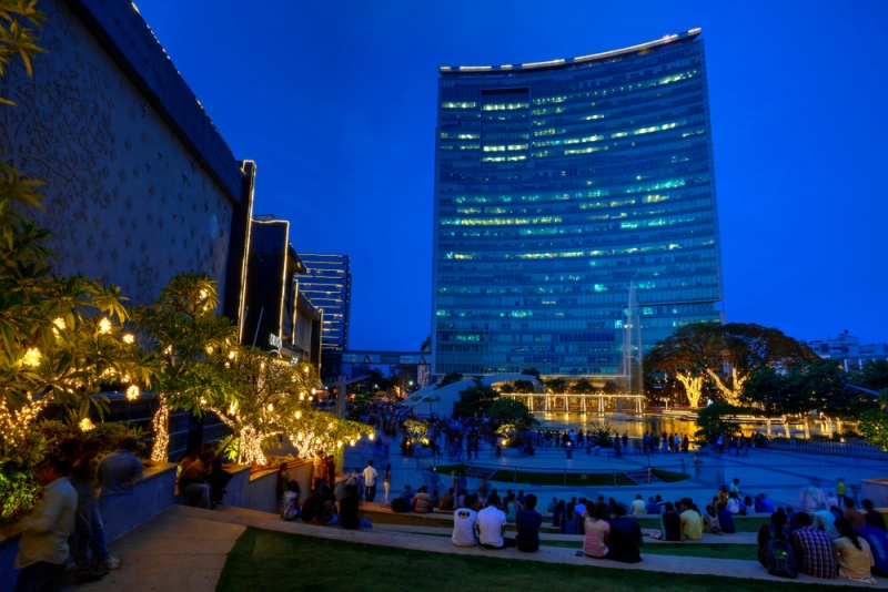 World Trade Center skyscraper and Orion mall at the blue hour in Bangalore, Karnataka, India